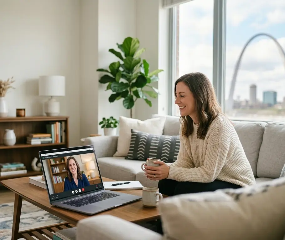 Client attending a telehealth therapy session from home with a licensed therapist in St. Louis, Missouri | Pearlman & Associates
